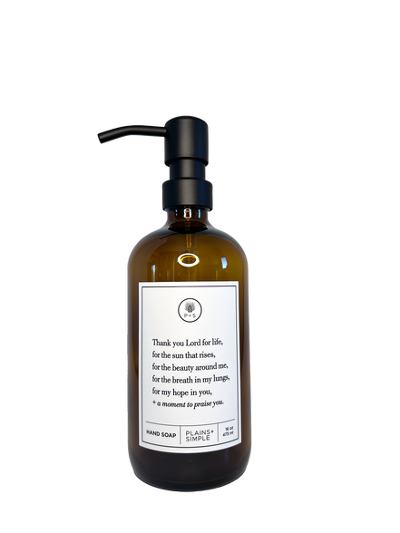 Amber glass Thank You Lord hand soap Gratitude Bottle with black pump.