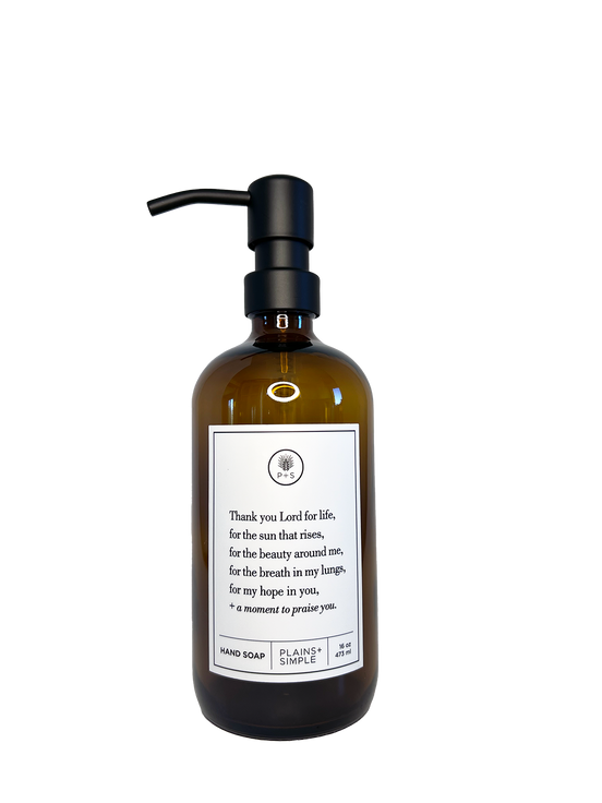 Amber glass Thank You Lord hand soap Gratitude Bottle with black pump.
