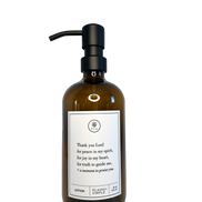 Amber glass Thank You Lord lotion Gratitude Bottle with black pump.