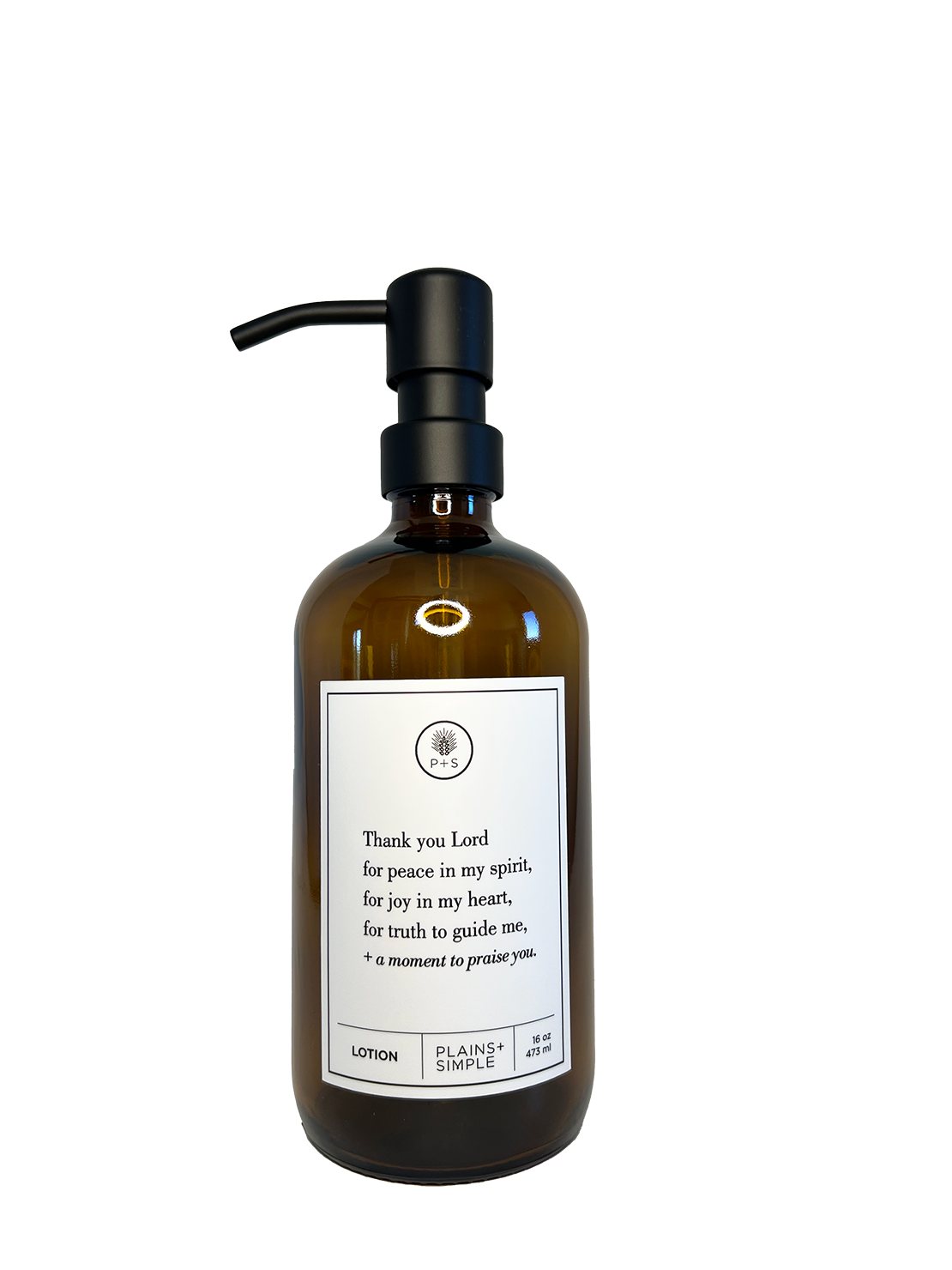 Amber glass Thank You Lord lotion Gratitude Bottle with black pump.
