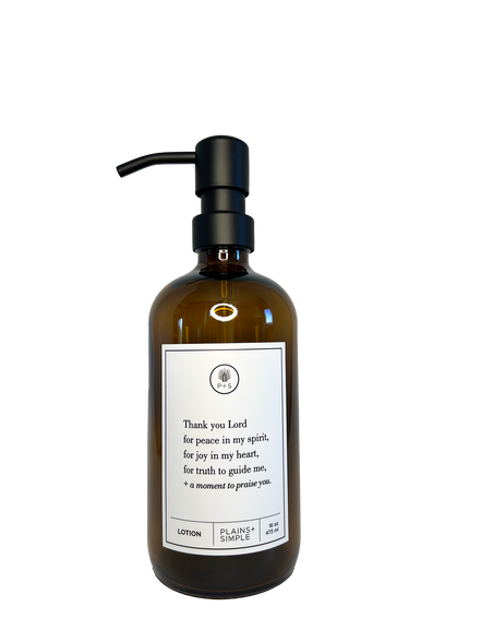 Amber glass Thank You Lord lotion Gratitude Bottle with black pump.