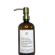 Amber glass Thank You Lord dish soap Gratitude Bottle with gold pump.