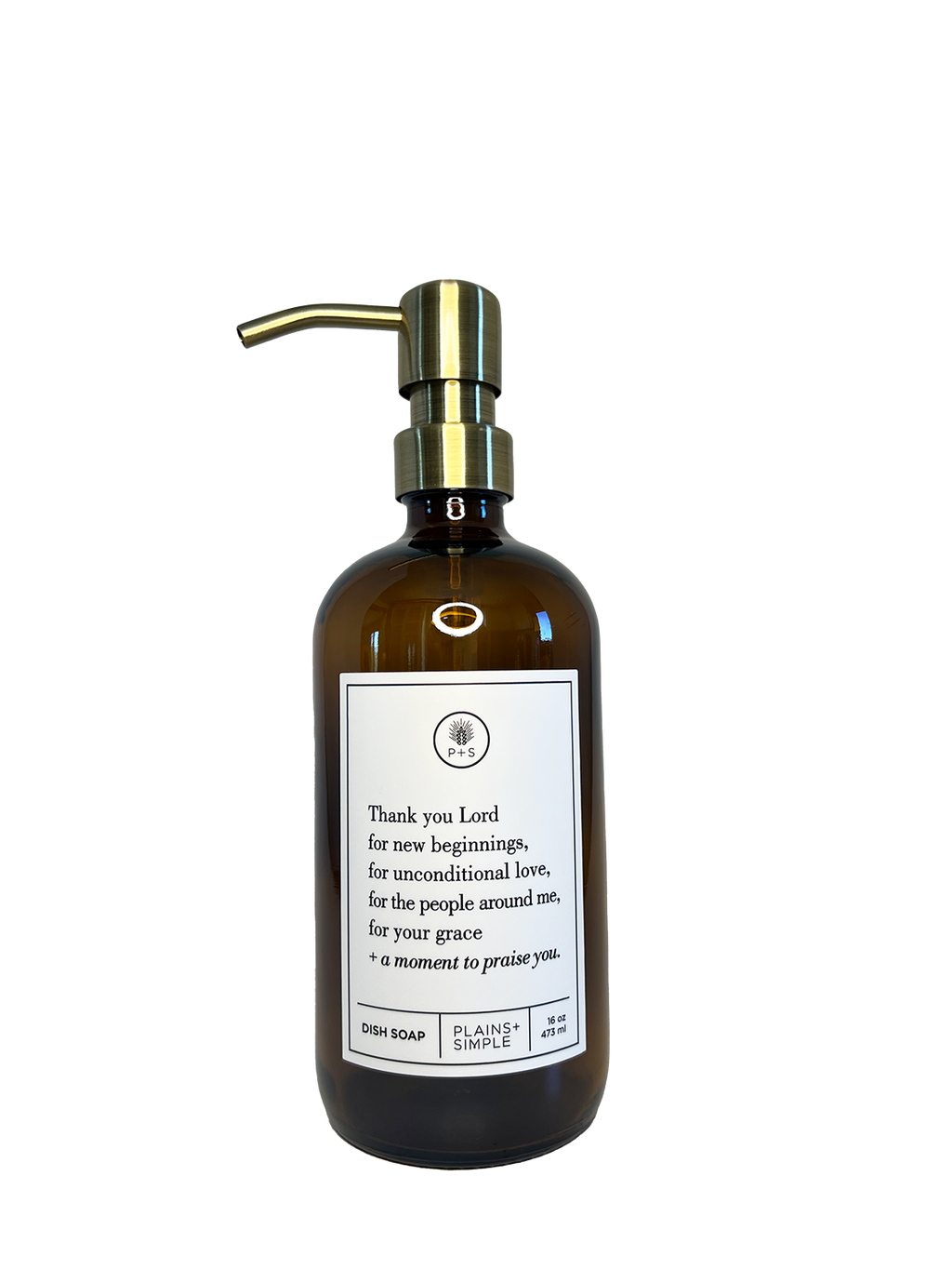 Amber glass Thank You Lord dish soap Gratitude Bottle with gold pump.
