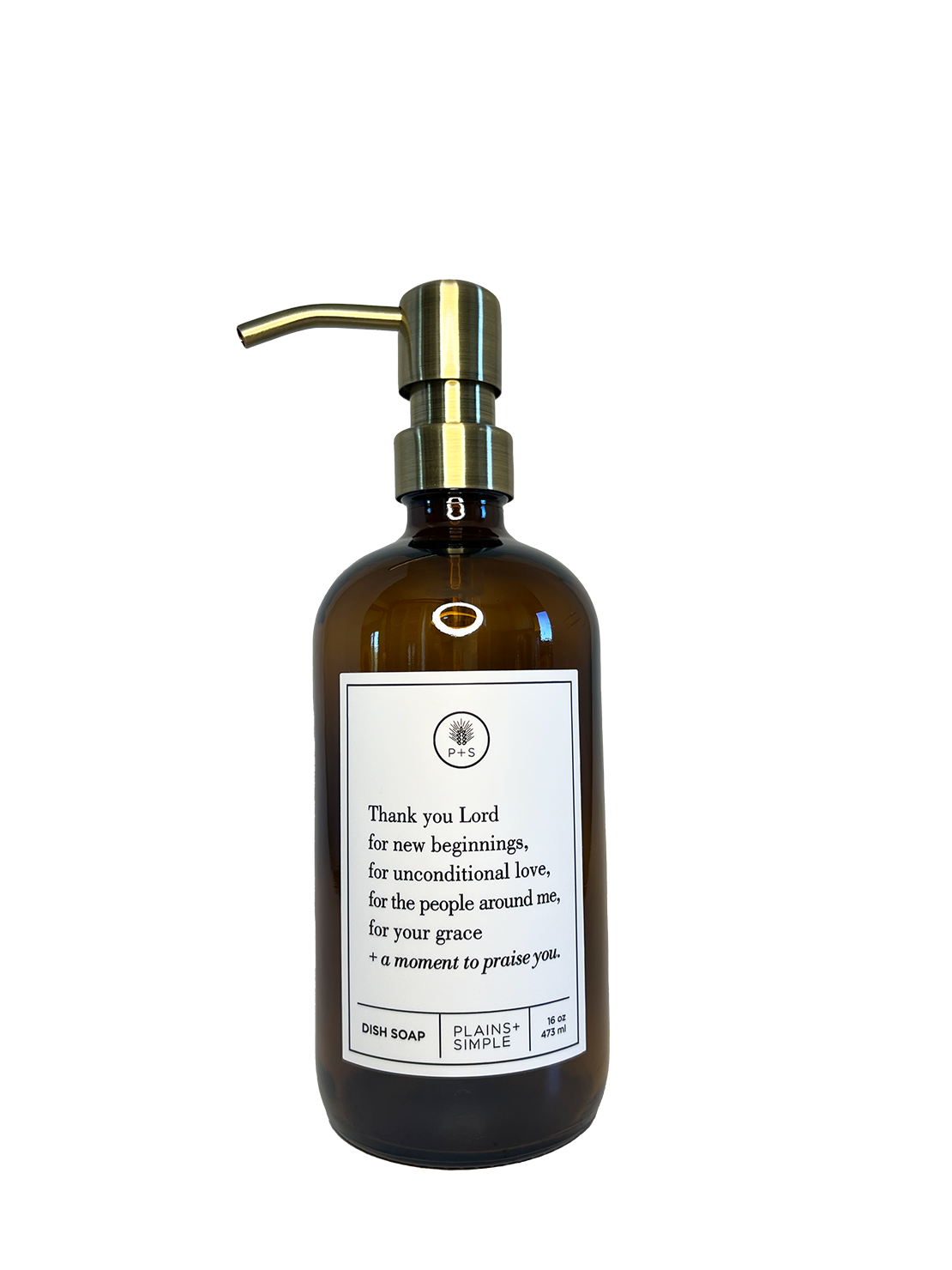 Amber glass Thank You Lord dish soap Gratitude Bottle with gold pump.