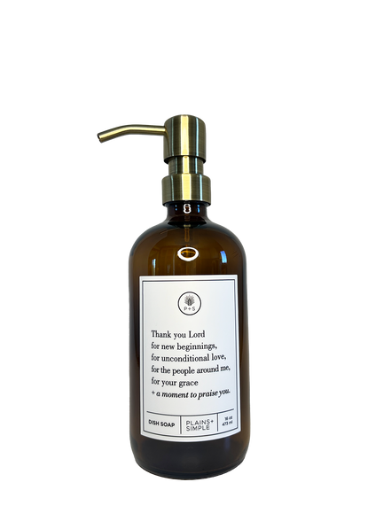 Amber glass Thank You Lord dish soap Gratitude Bottle with gold pump.