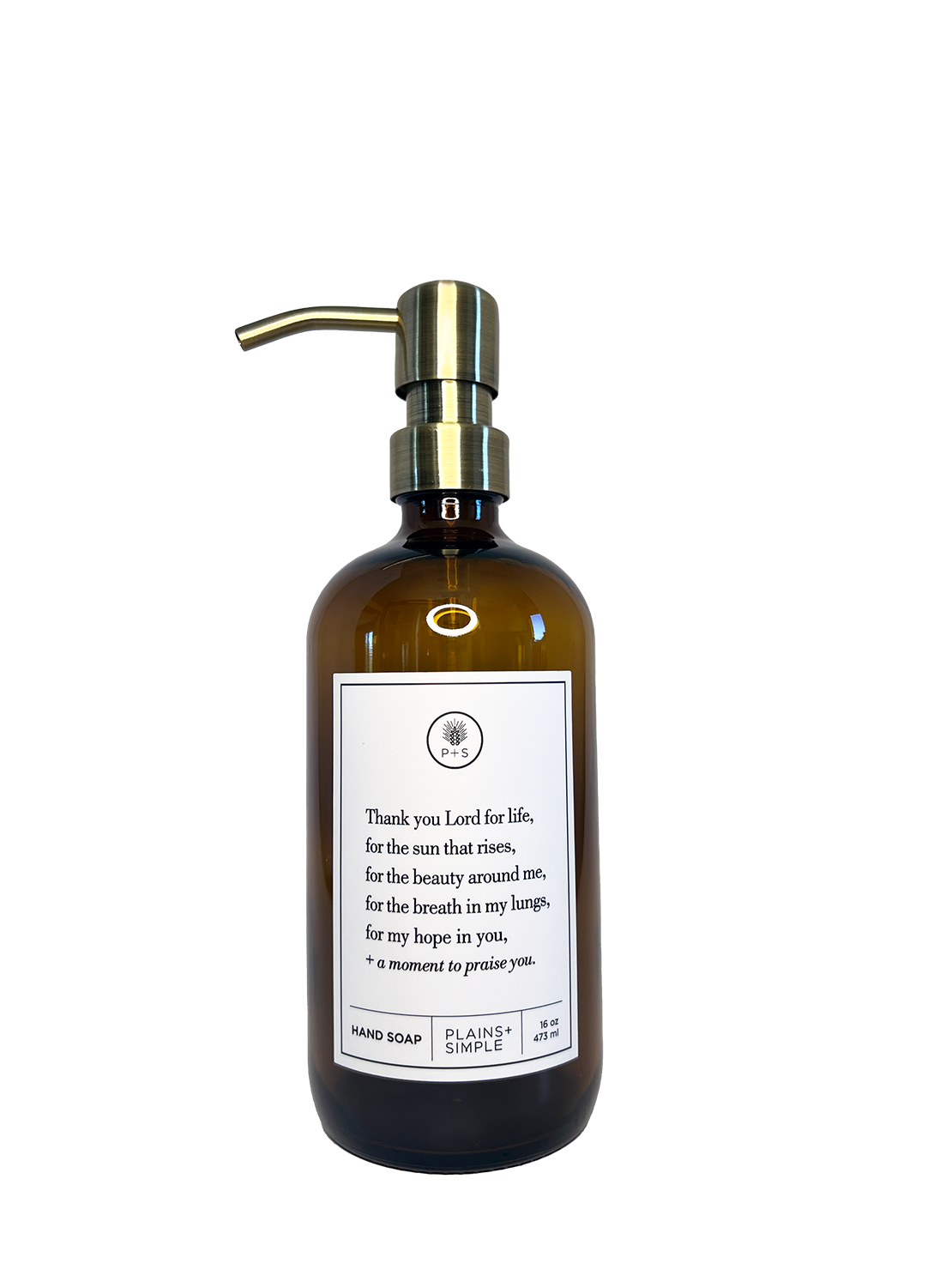 Amber glass Thank You Lord hand soap Gratitude Bottle with gold pump.