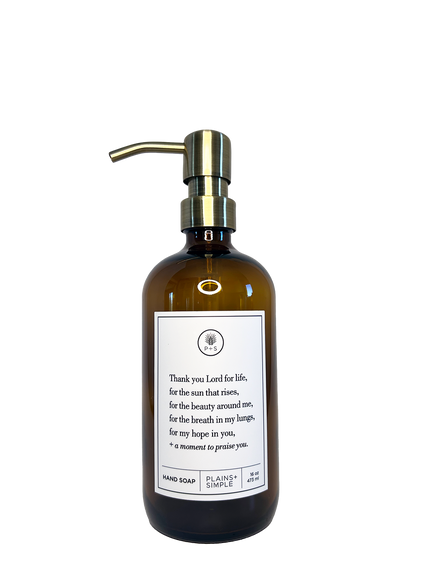 Amber glass Thank You Lord hand soap Gratitude Bottle with gold pump.