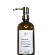 Amber glass Thank You Lord lotion Gratitude Bottle with gold pump.