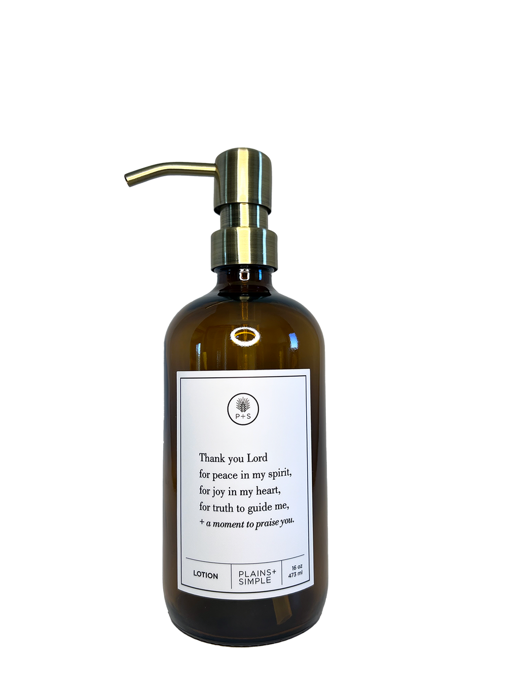 Amber glass Thank You Lord lotion Gratitude Bottle with gold pump.