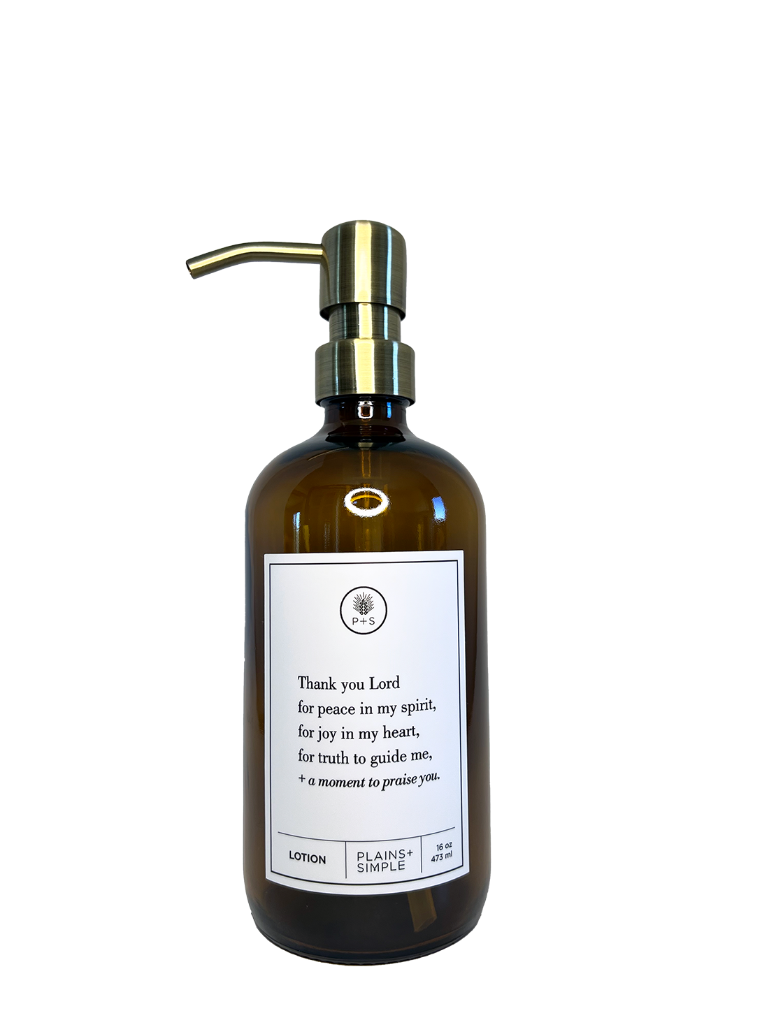 Amber glass Thank You Lord lotion Gratitude Bottle with gold pump.