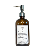 Amber glass Thank You Lord dish soap Gratitude Bottle with silver pump.