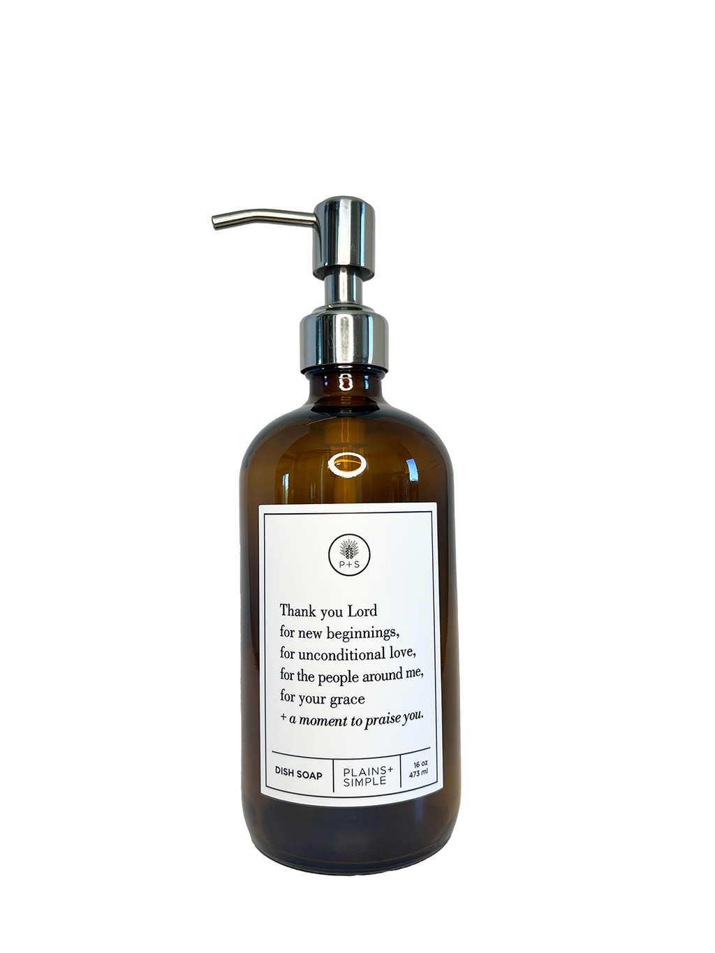 Amber glass Thank You Lord dish soap Gratitude Bottle with silver pump.