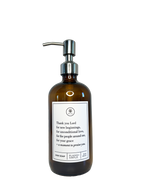 Amber glass Thank You Lord dish soap Gratitude Bottle with silver pump.
