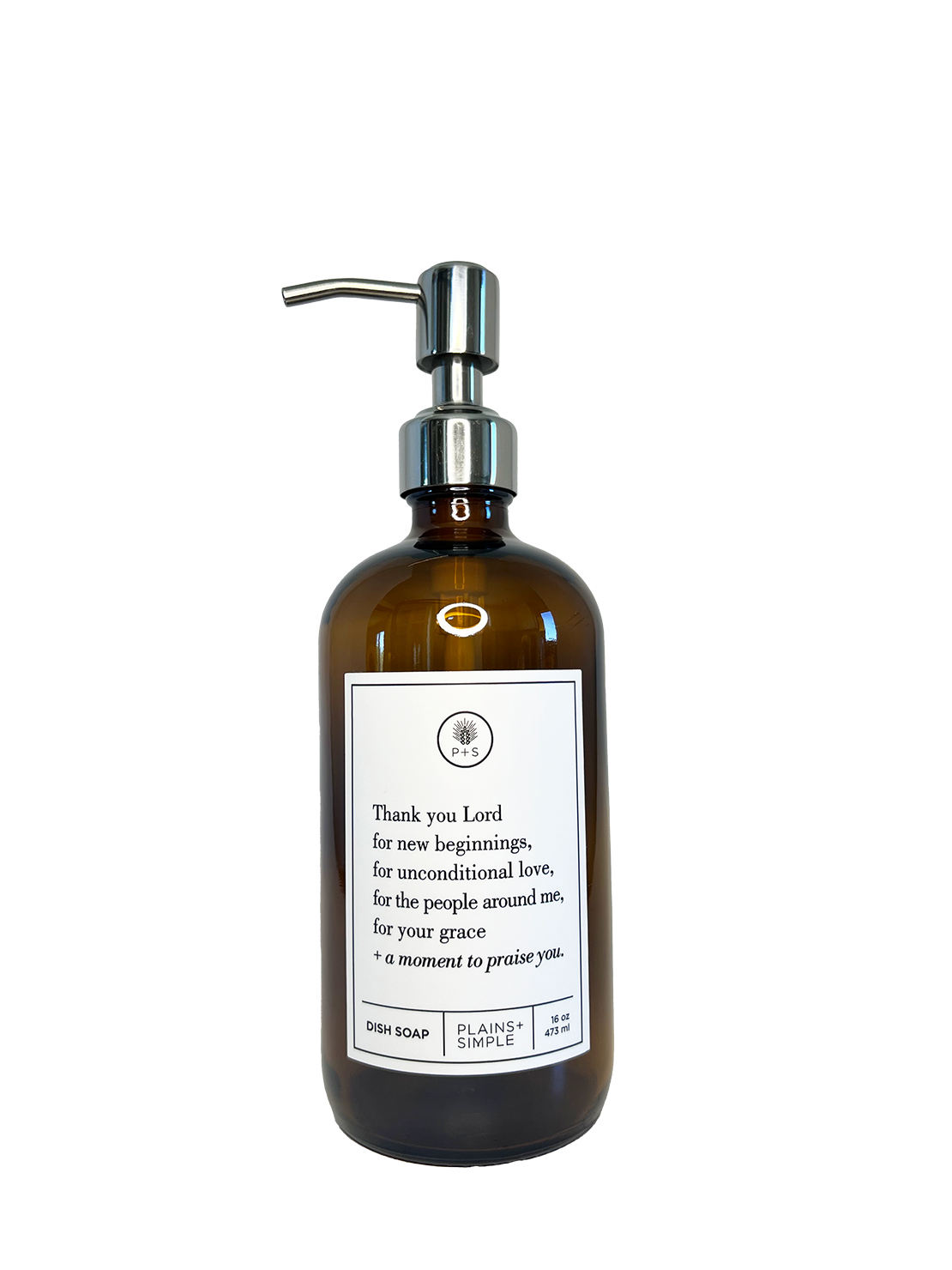 Amber glass Thank You Lord dish soap Gratitude Bottle with silver pump.