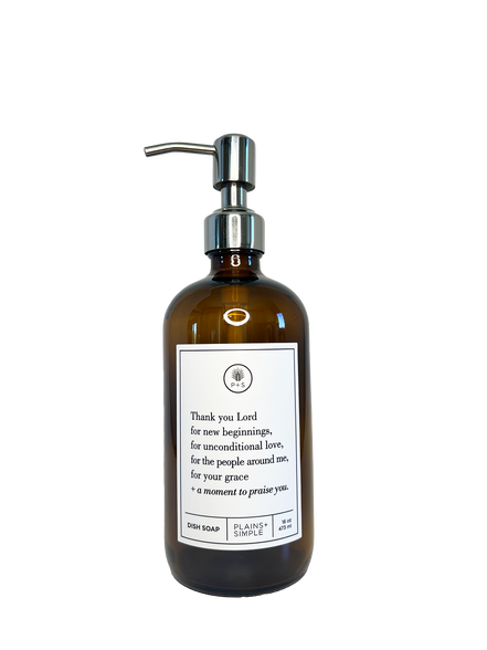Amber glass Thank You Lord dish soap Gratitude Bottle with silver pump.