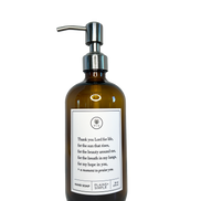 Amber glass Thank You Lord hand soap Gratitude Bottle with silver pump.