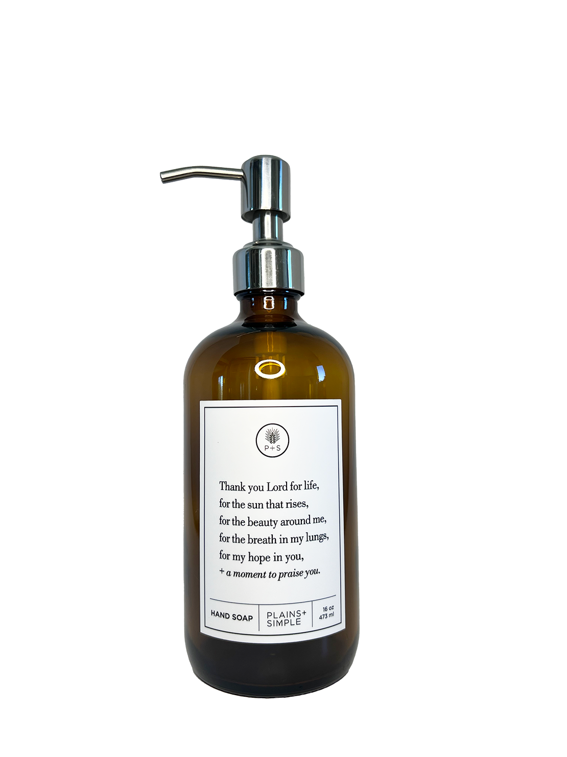 Amber glass Thank You Lord hand soap Gratitude Bottle with silver pump.