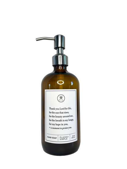 Amber glass Thank You Lord hand soap Gratitude Bottle with silver pump.