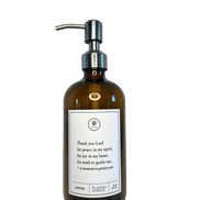 Amber glass Thank You Lord lotion Gratitude Bottle with silver pump.