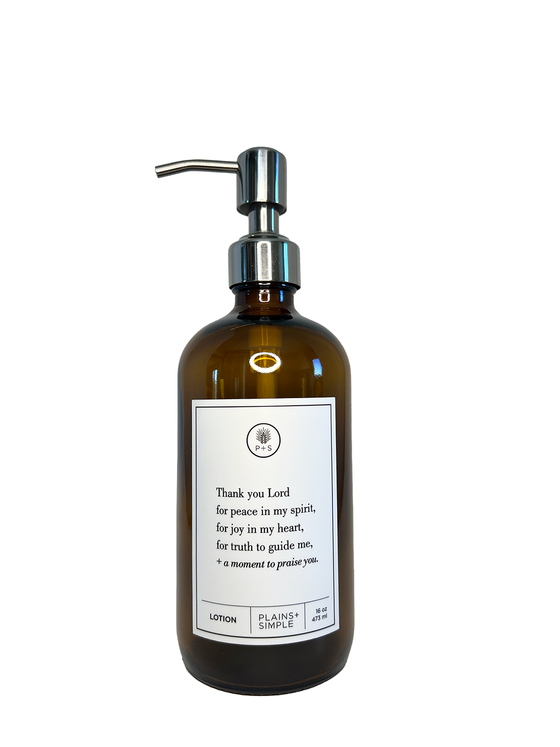Amber glass Thank You Lord lotion Gratitude Bottle with silver pump.