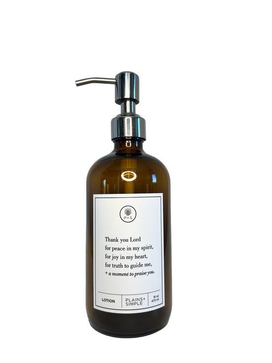 Amber glass Thank You Lord lotion Gratitude Bottle with silver pump.