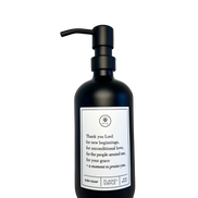 Black glass Thank You Lord dish soap Gratitude Bottle with black pump.