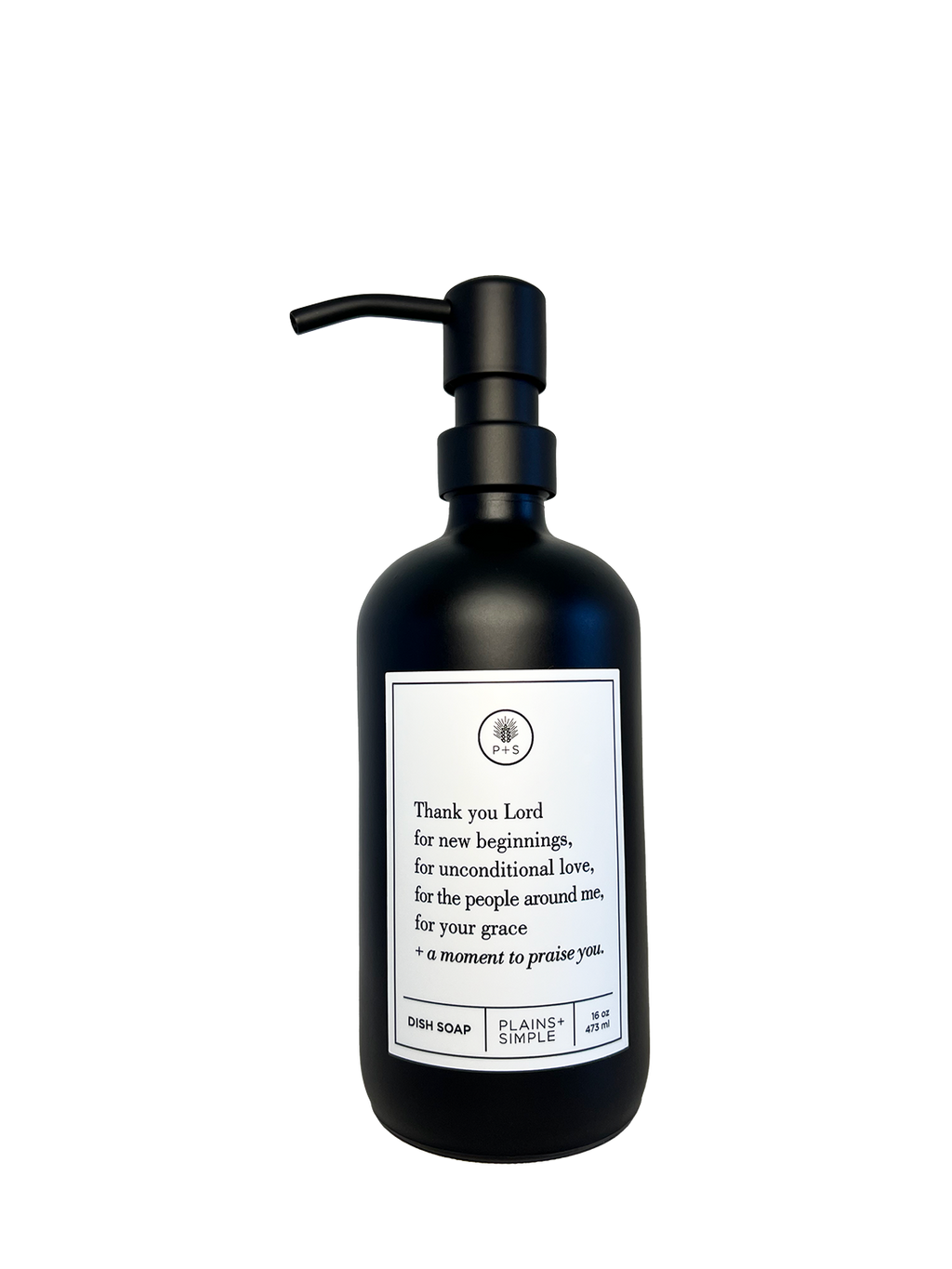 Black glass Thank You Lord dish soap Gratitude Bottle with black pump.