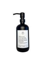 Black glass Thank You Lord dish soap Gratitude Bottle with black pump.