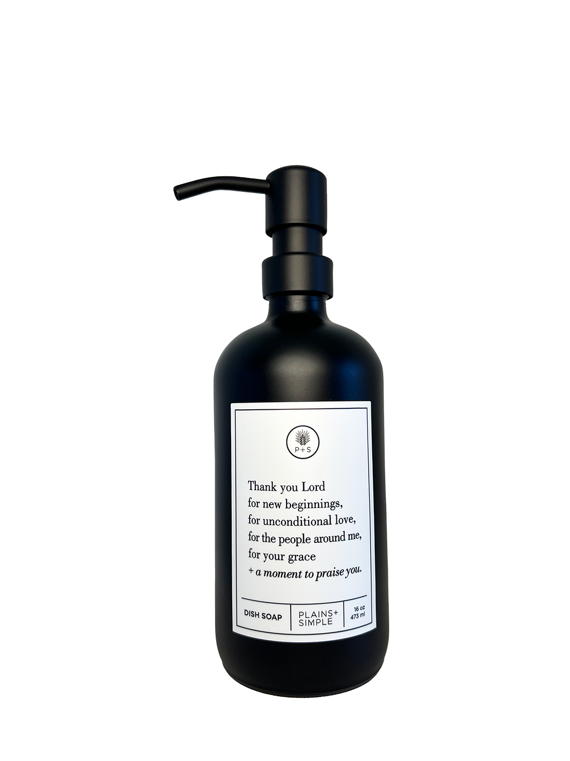 Black glass Thank You Lord dish soap Gratitude Bottle with black pump.