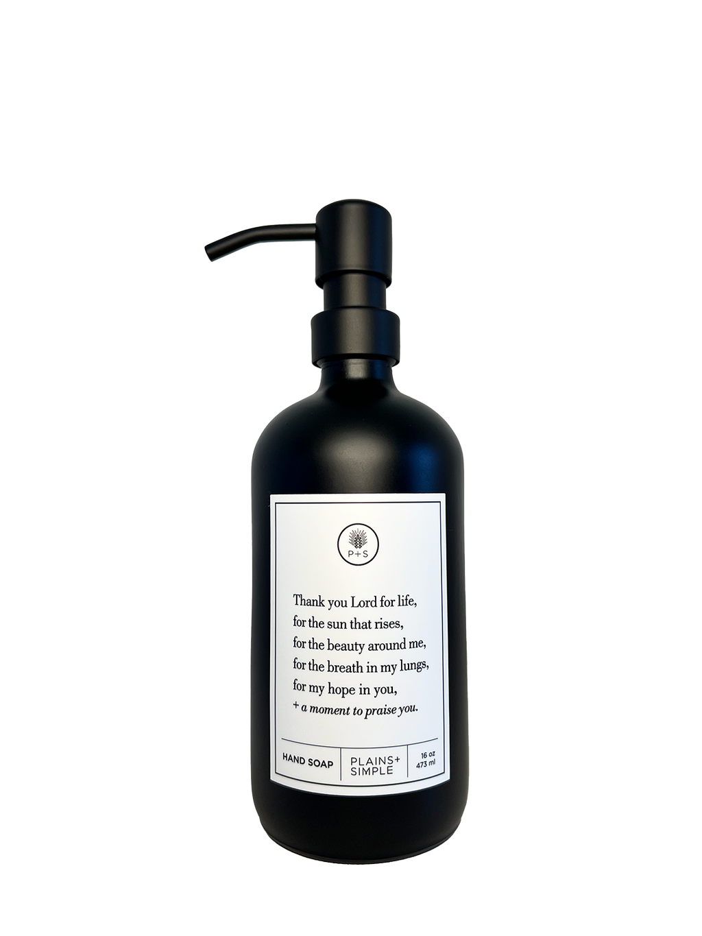 Black glass Thank You Lord hand soap Gratitude Bottle with black pump.