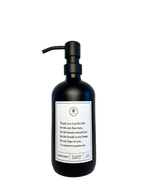 Black glass Thank You Lord hand soap Gratitude Bottle with black pump.