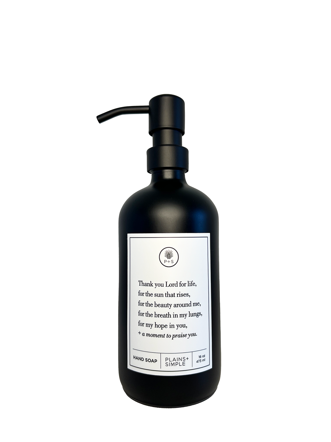 Black glass Thank You Lord hand soap Gratitude Bottle with black pump.