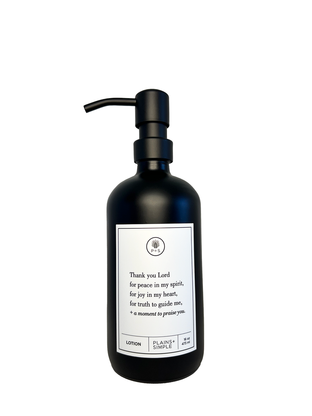 Black glass Thank You Lord lotion Gratitude Bottle with black pump.