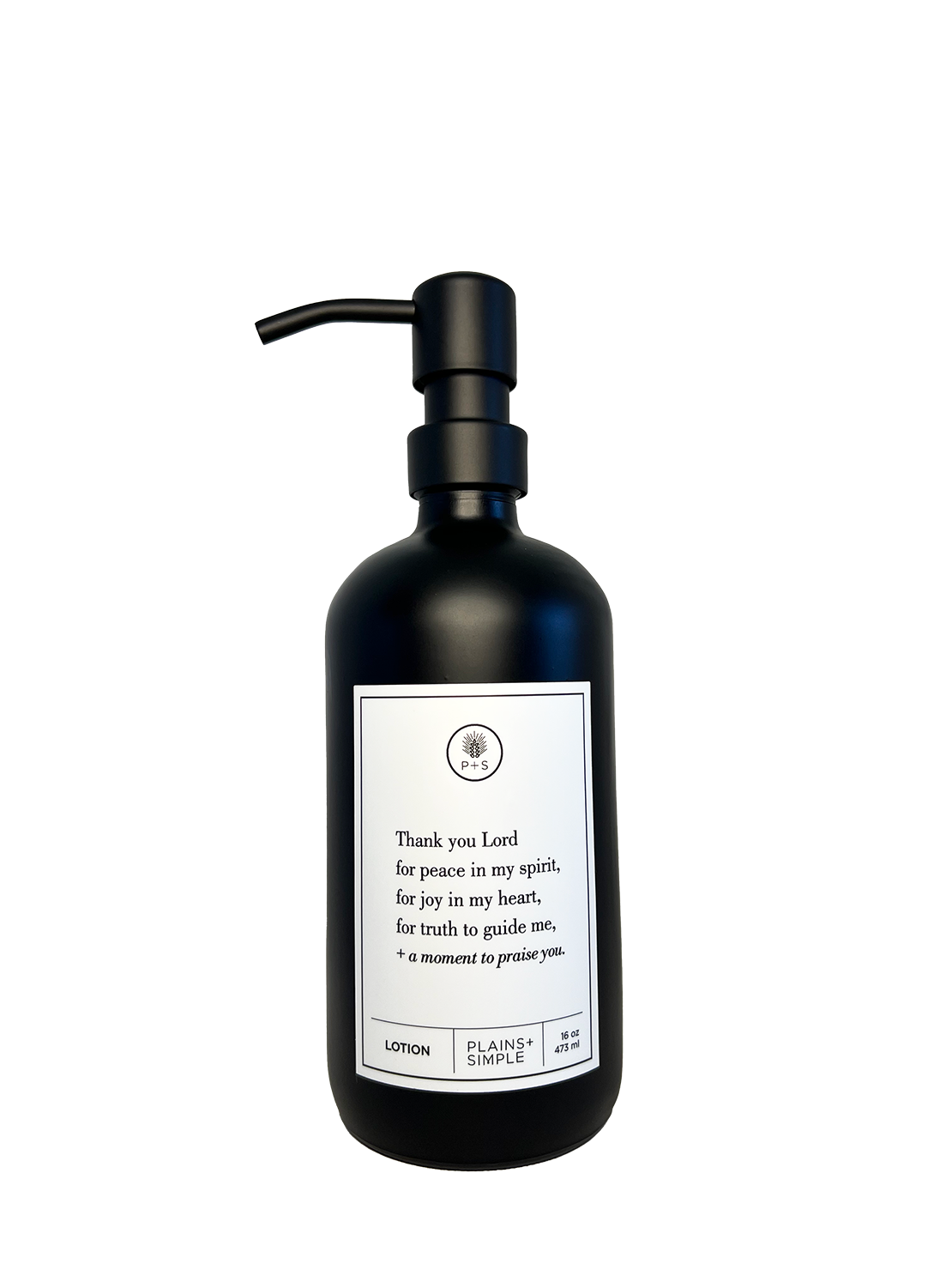 Black glass Thank You Lord lotion Gratitude Bottle with black pump.