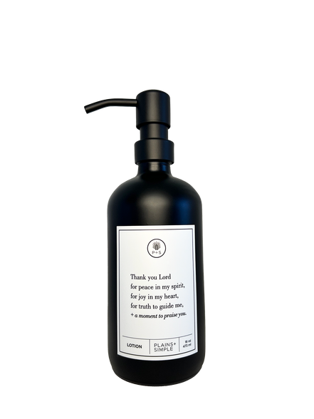 Black glass Thank You Lord lotion Gratitude Bottle with black pump.