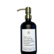 Black glass Thank You Lord dish soap Gratitude Bottle with gold pump.