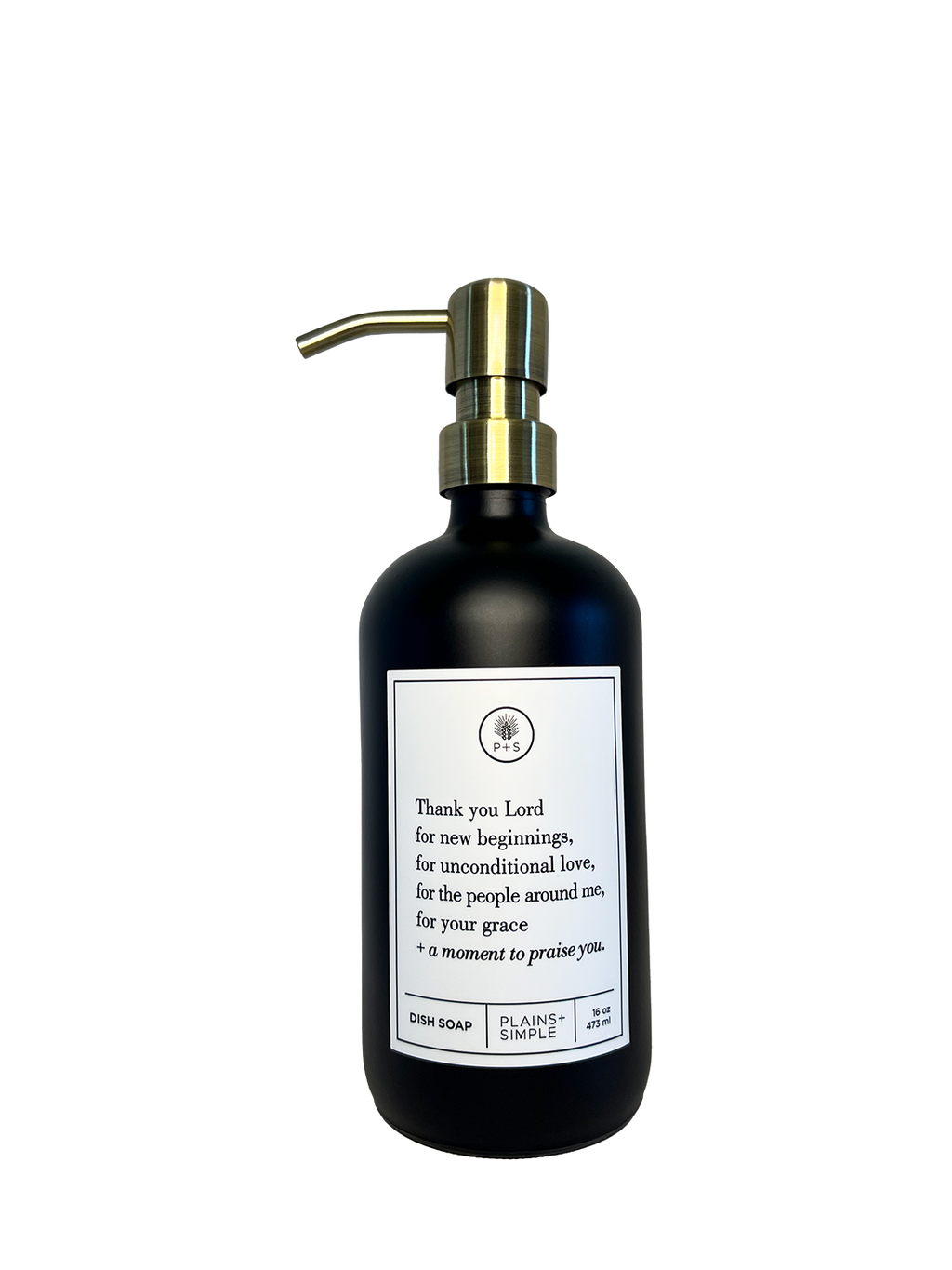 Black glass Thank You Lord dish soap Gratitude Bottle with gold pump.