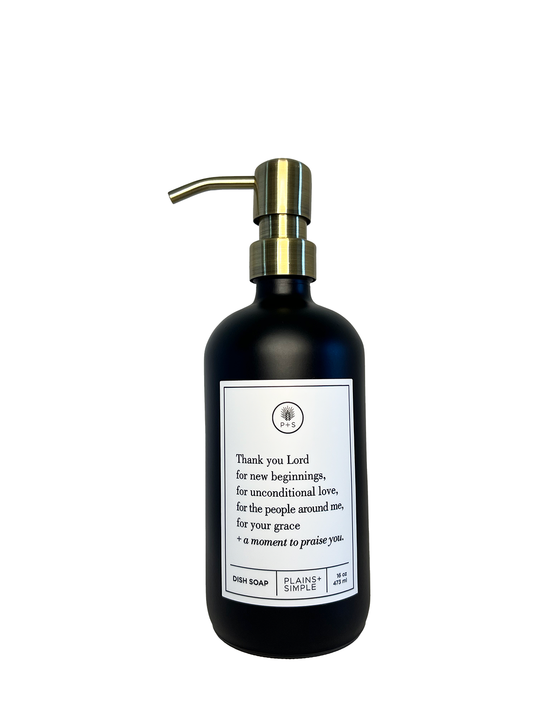 Black glass Thank You Lord dish soap Gratitude Bottle with gold pump.