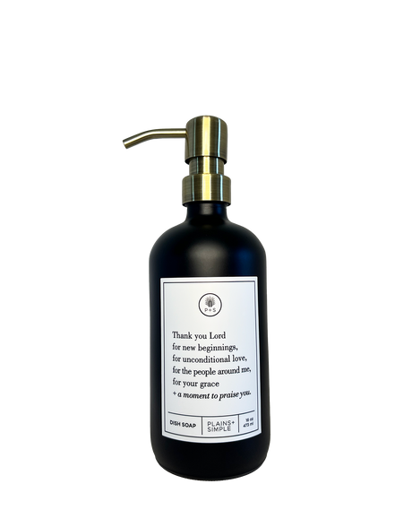 Black glass Thank You Lord dish soap Gratitude Bottle with gold pump.
