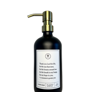 Black glass Thank You Lord hand soap Gratitude Bottle with gold pump.