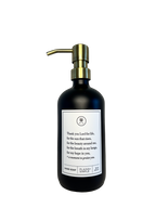 Black glass Thank You Lord hand soap Gratitude Bottle with gold pump.