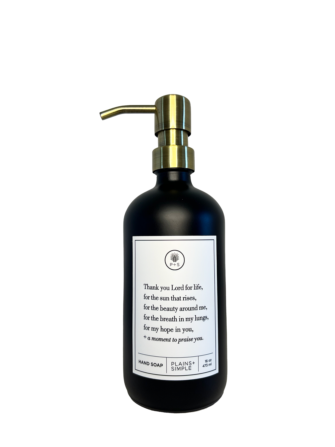 Black glass Thank You Lord hand soap Gratitude Bottle with gold pump.