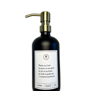 Black glass Thank You Lord lotion Gratitude Bottle with gold pump.