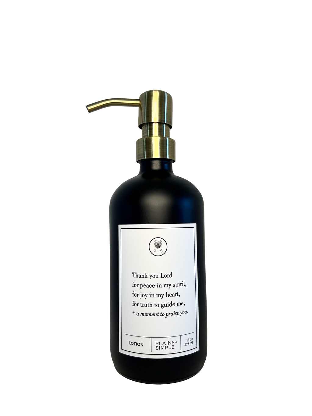 Black glass Thank You Lord lotion Gratitude Bottle with gold pump.