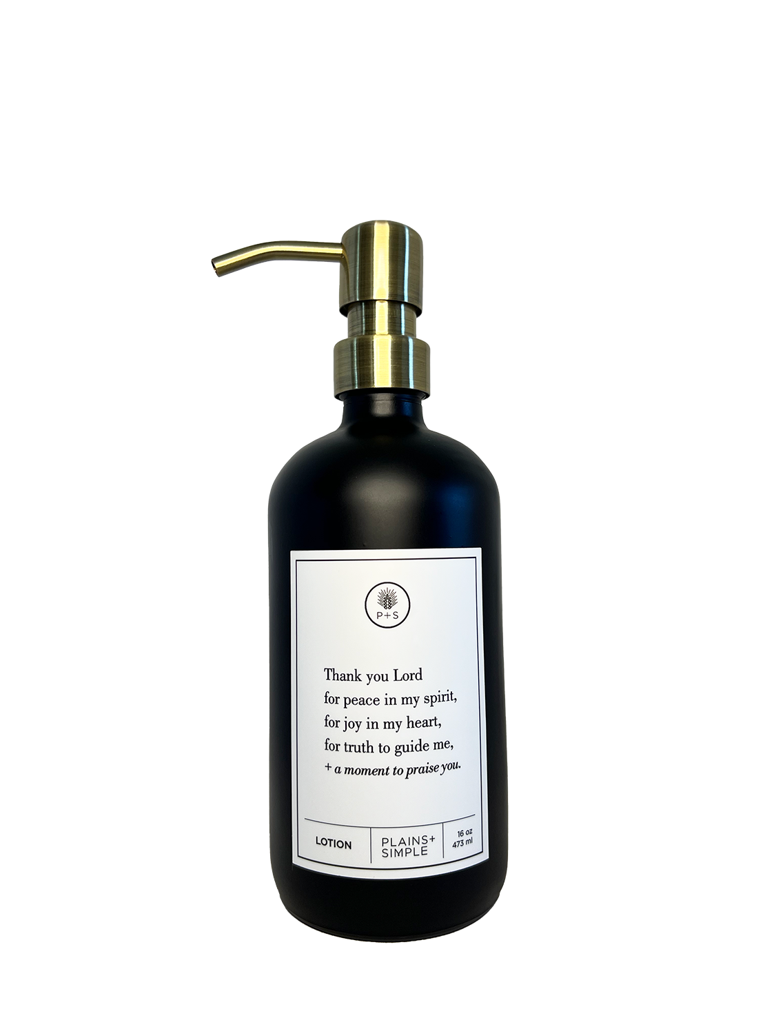 Black glass Thank You Lord lotion Gratitude Bottle with gold pump.