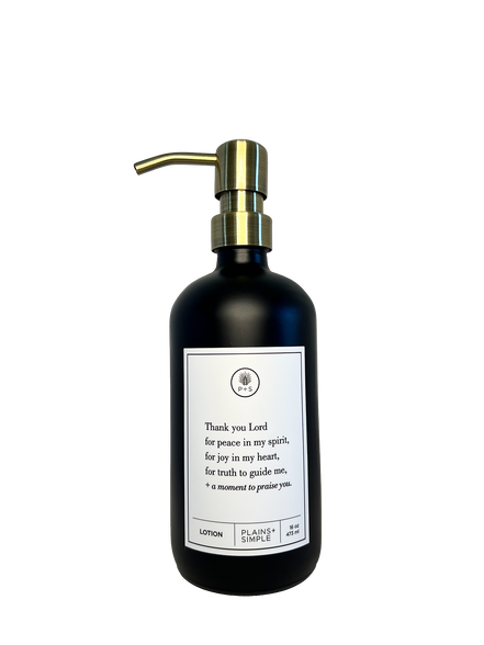 Black glass Thank You Lord lotion Gratitude Bottle with gold pump.