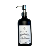 Black glass Thank You Lord dish soap Gratitude Bottle with silver pump.