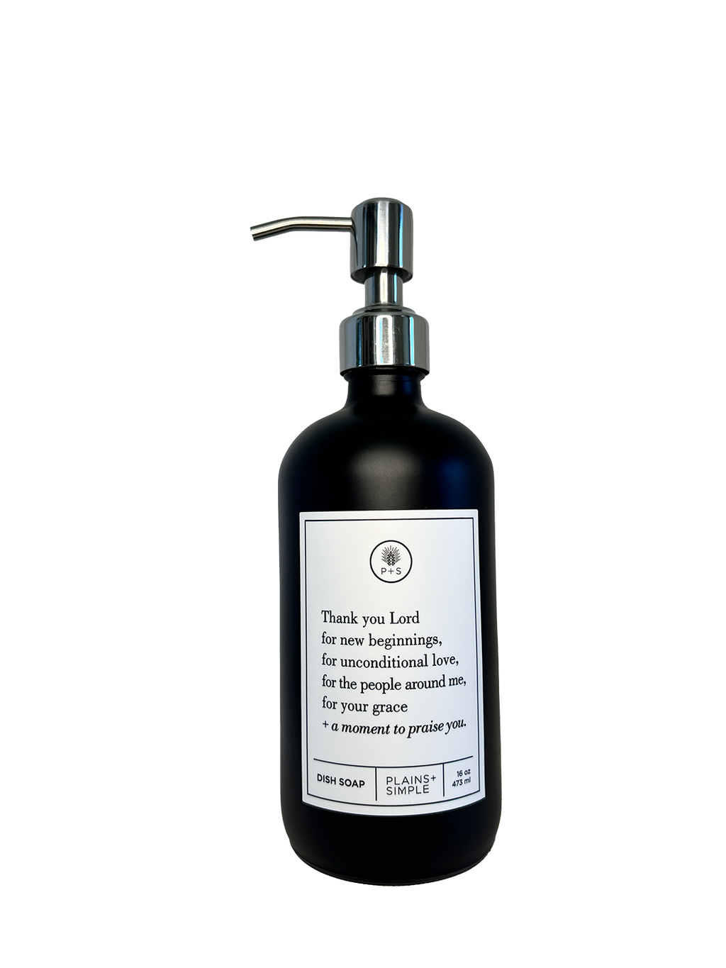 Black glass Thank You Lord dish soap Gratitude Bottle with silver pump.