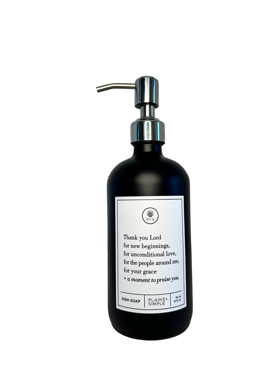 Black glass Thank You Lord dish soap Gratitude Bottle with silver pump.