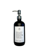 Black glass Thank You Lord hand soap Gratitude Bottle with silver pump.